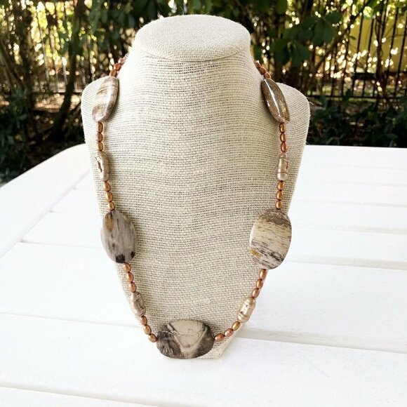 Artisan Jewelry - NWT Genuine Jasper & Pearls Beaded Necklace Brown Bronze